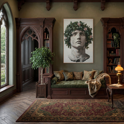 Ivy Crowned Classical Bust Portrait wall art in a moody dark academia room – classical stone head with closed eyes