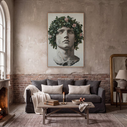 Ivy Crowned Classical Bust Portrait wall art in a moody dark academia room – classical stone head with closed eyes