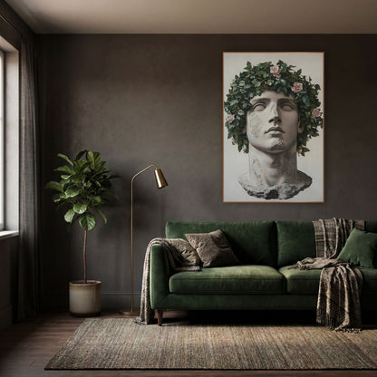 Ivy Crowned Classical Bust Portrait wall art in a moody dark academia room – classical stone head with closed eyes