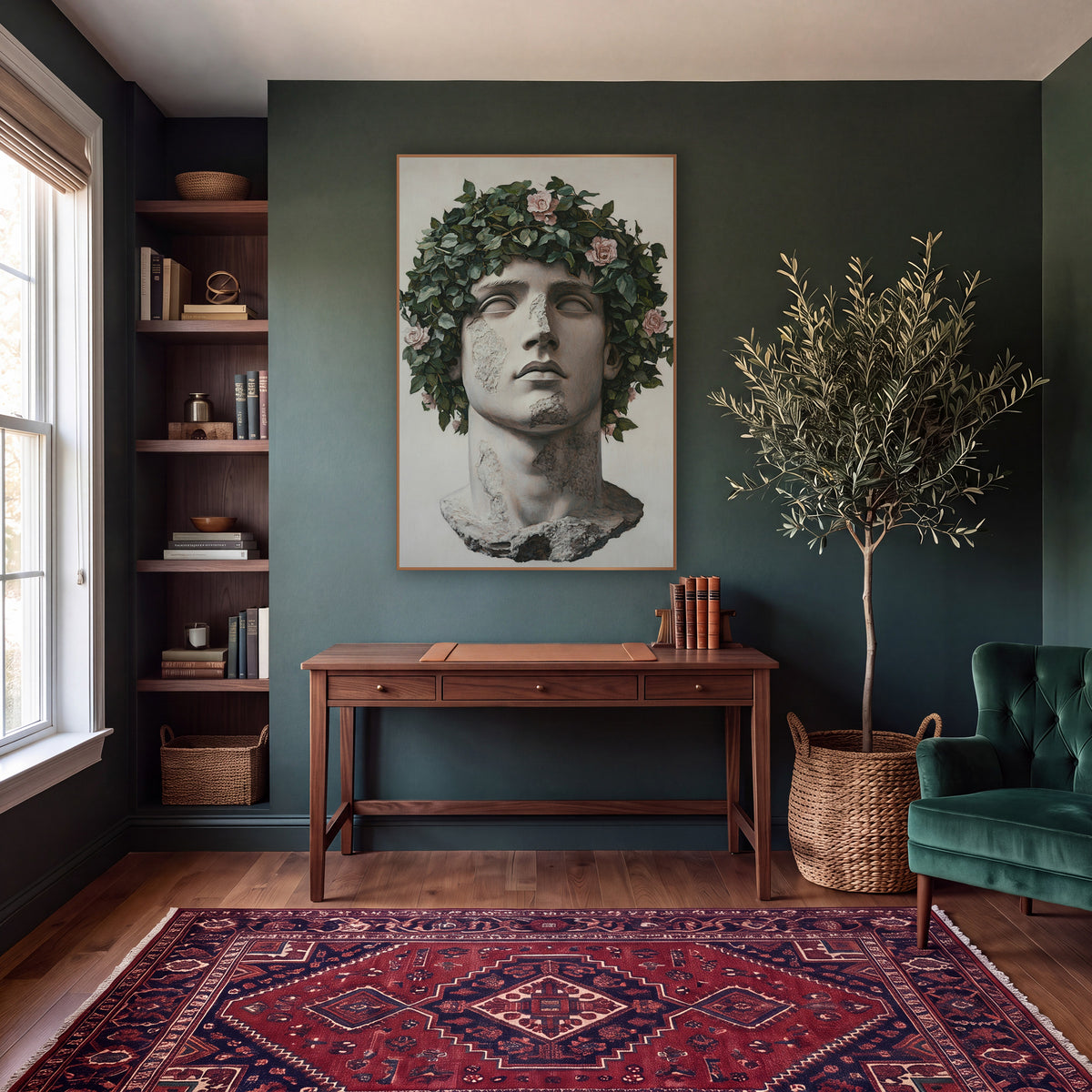 Ivy Crowned Classical Bust Portrait wall art in a moody dark academia room – classical stone head with closed eyes