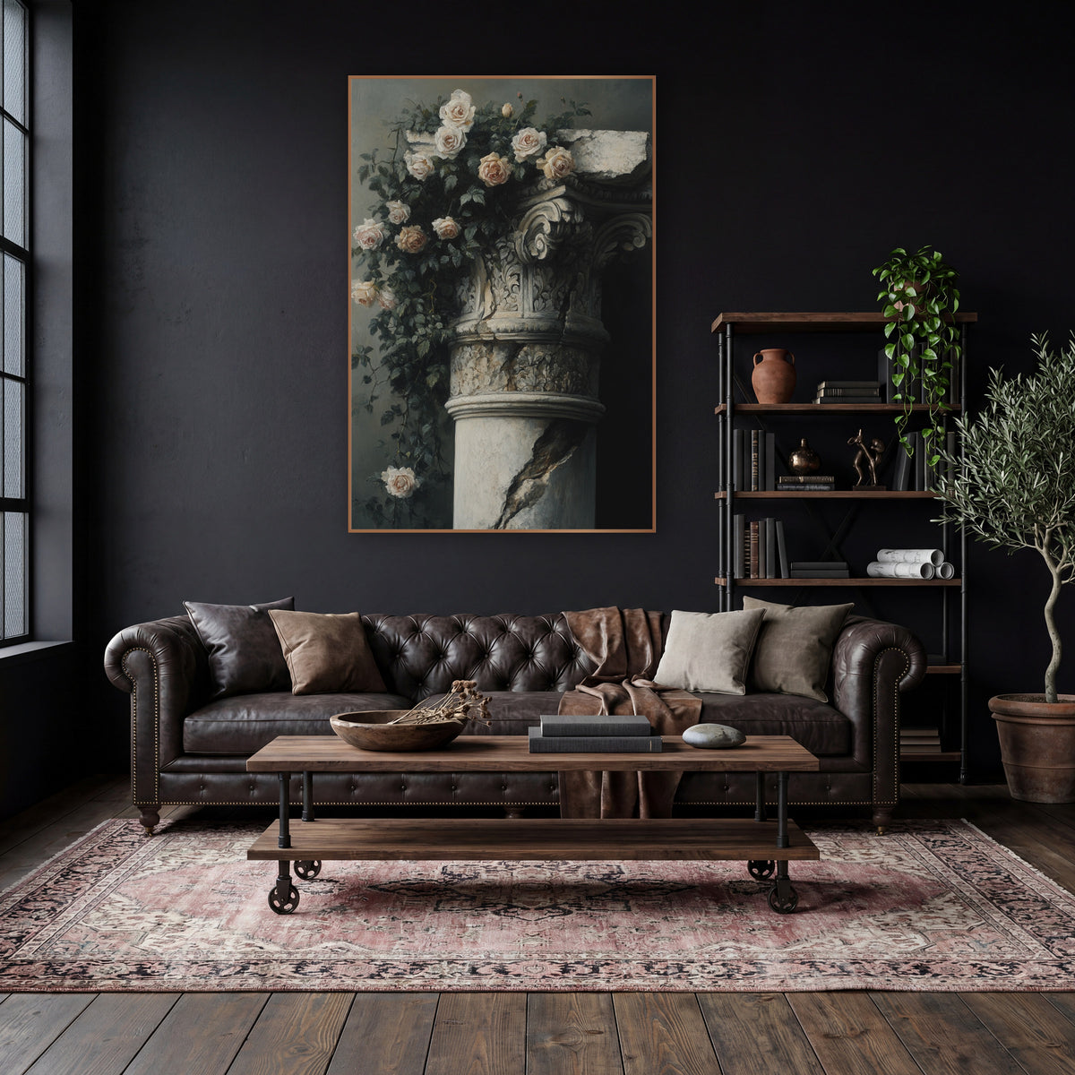 Cracked Column Climbing Roses Moody wall art in a moody dark academia room – cream and blush climbing roses