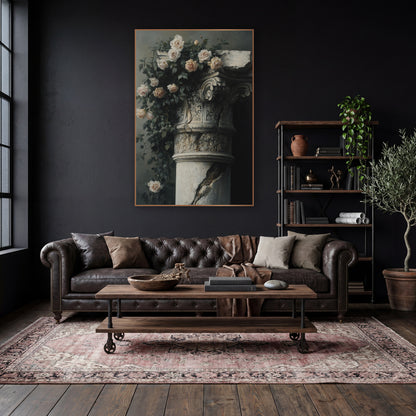 Cracked Column Climbing Roses Moody wall art in a moody dark academia room – cream and blush climbing roses