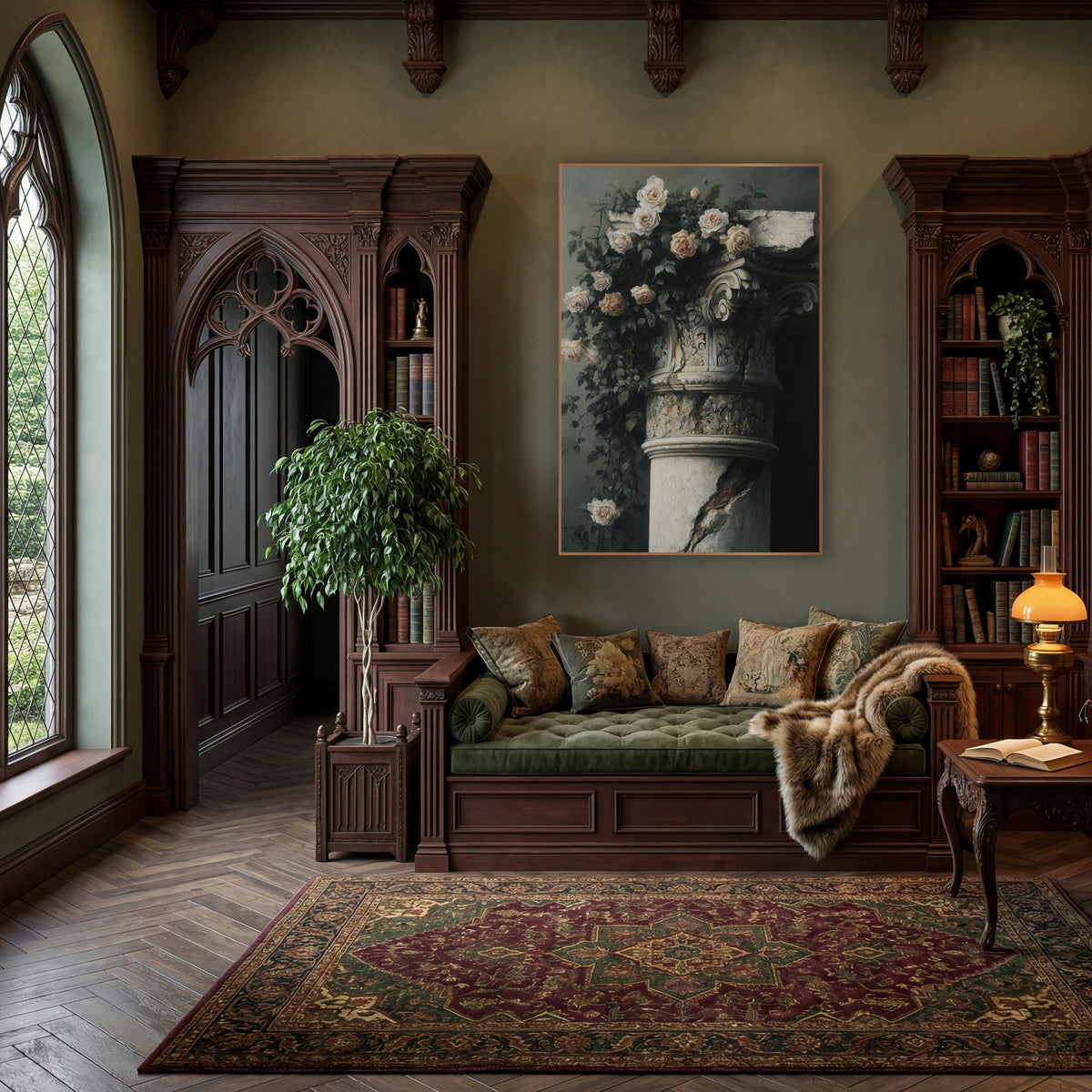 Cracked Column Climbing Roses Moody wall art in a moody dark academia room – cream and blush climbing roses