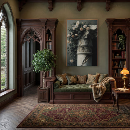Cracked Column Climbing Roses Moody wall art in a moody dark academia room – cream and blush climbing roses