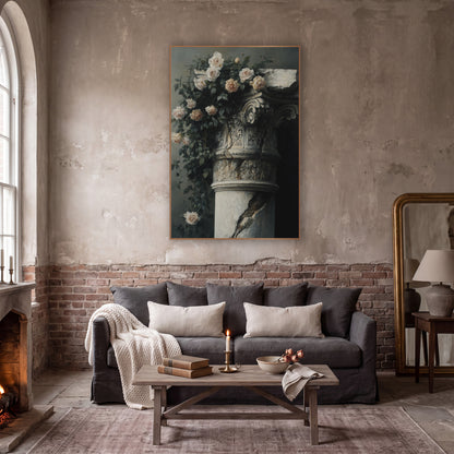 Cracked Column Climbing Roses Moody wall art in a moody dark academia room – cream and blush climbing roses