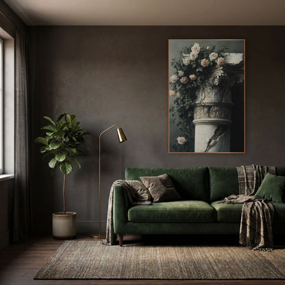 Cracked Column Climbing Roses Moody wall art in a moody dark academia room – cream and blush climbing roses