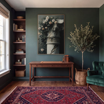 Cracked Column Climbing Roses Moody wall art in a moody dark academia room – cream and blush climbing roses