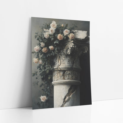 Cracked Column Climbing Roses Moody art print leaning against a white wall – cream and blush climbing roses over a cracked