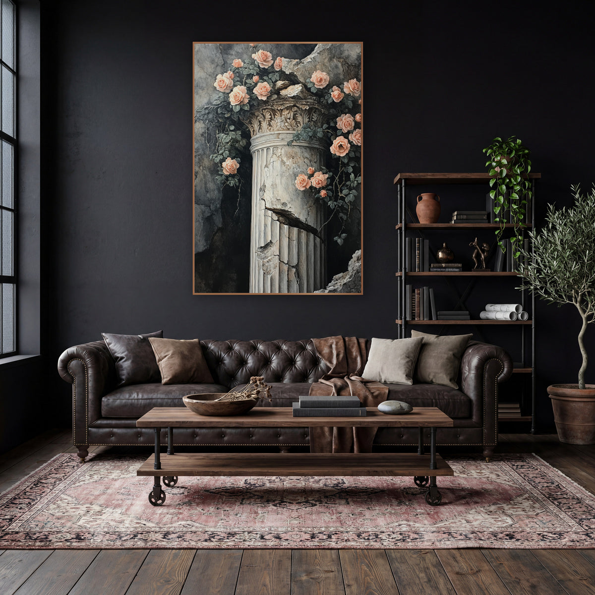 Peach Roses Cracked Column Vintage wall art in a moody dark academia room – peach roses and green leaves trailing