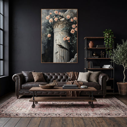 Peach Roses Cracked Column Vintage wall art in a moody dark academia room – peach roses and green leaves trailing