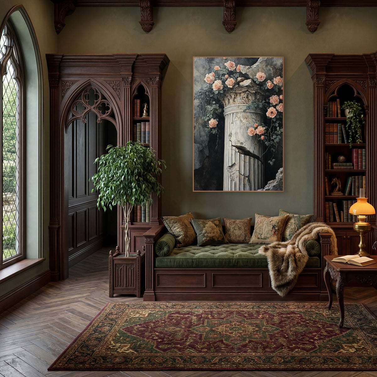 Peach Roses Cracked Column Vintage wall art in a moody dark academia room – peach roses and green leaves trailing