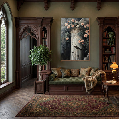 Peach Roses Cracked Column Vintage wall art in a moody dark academia room – peach roses and green leaves trailing