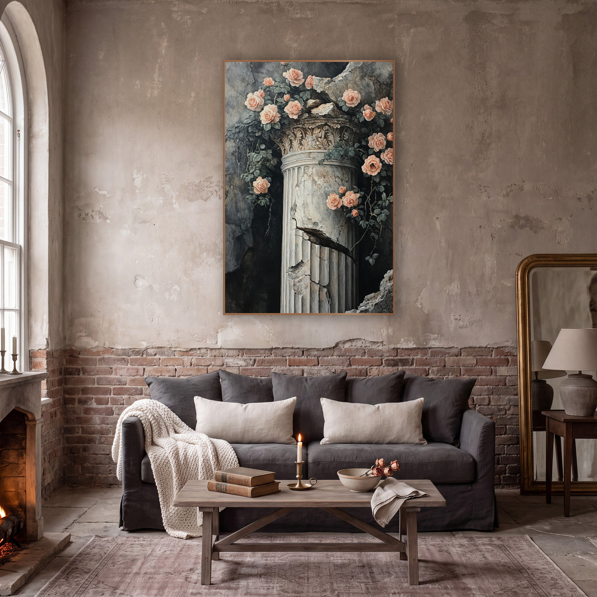 Peach Roses Cracked Column Vintage wall art in a moody dark academia room – peach roses and green leaves trailing