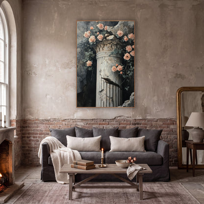 Peach Roses Cracked Column Vintage wall art in a moody dark academia room – peach roses and green leaves trailing
