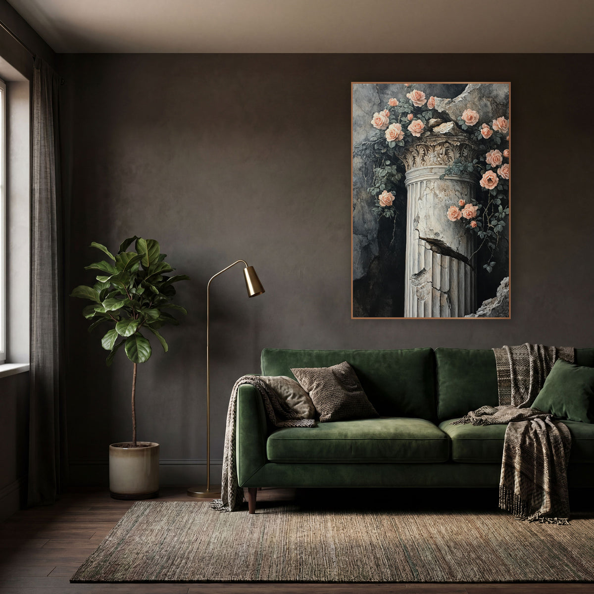 Peach Roses Cracked Column Vintage wall art in a moody dark academia room – peach roses and green leaves trailing