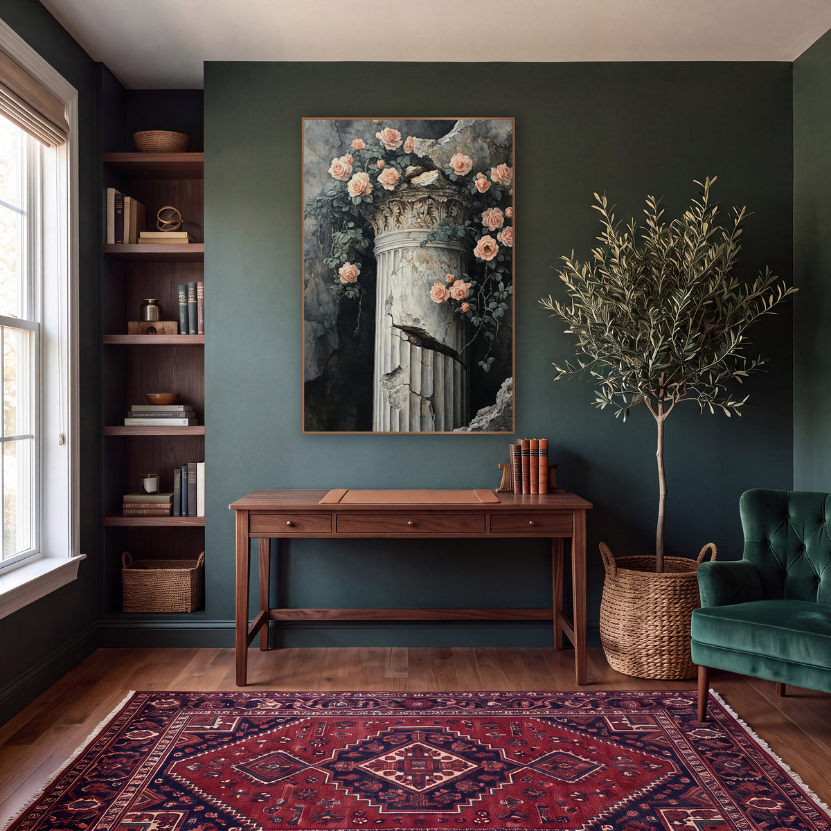 Peach Roses Cracked Column Vintage wall art in a moody dark academia room – peach roses and green leaves trailing