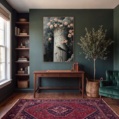 Peach Roses Cracked Column Vintage wall art in a moody dark academia room – peach roses and green leaves trailing