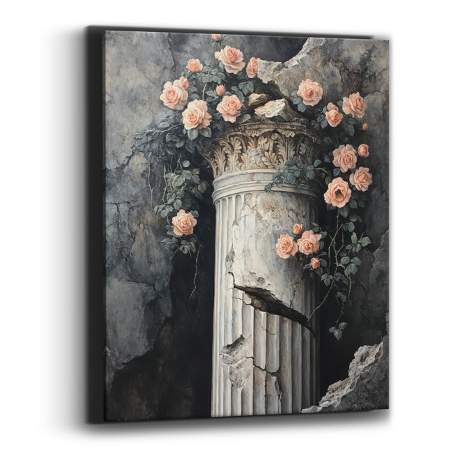 Peach Roses Cracked Column Vintage Canvas Wall Art