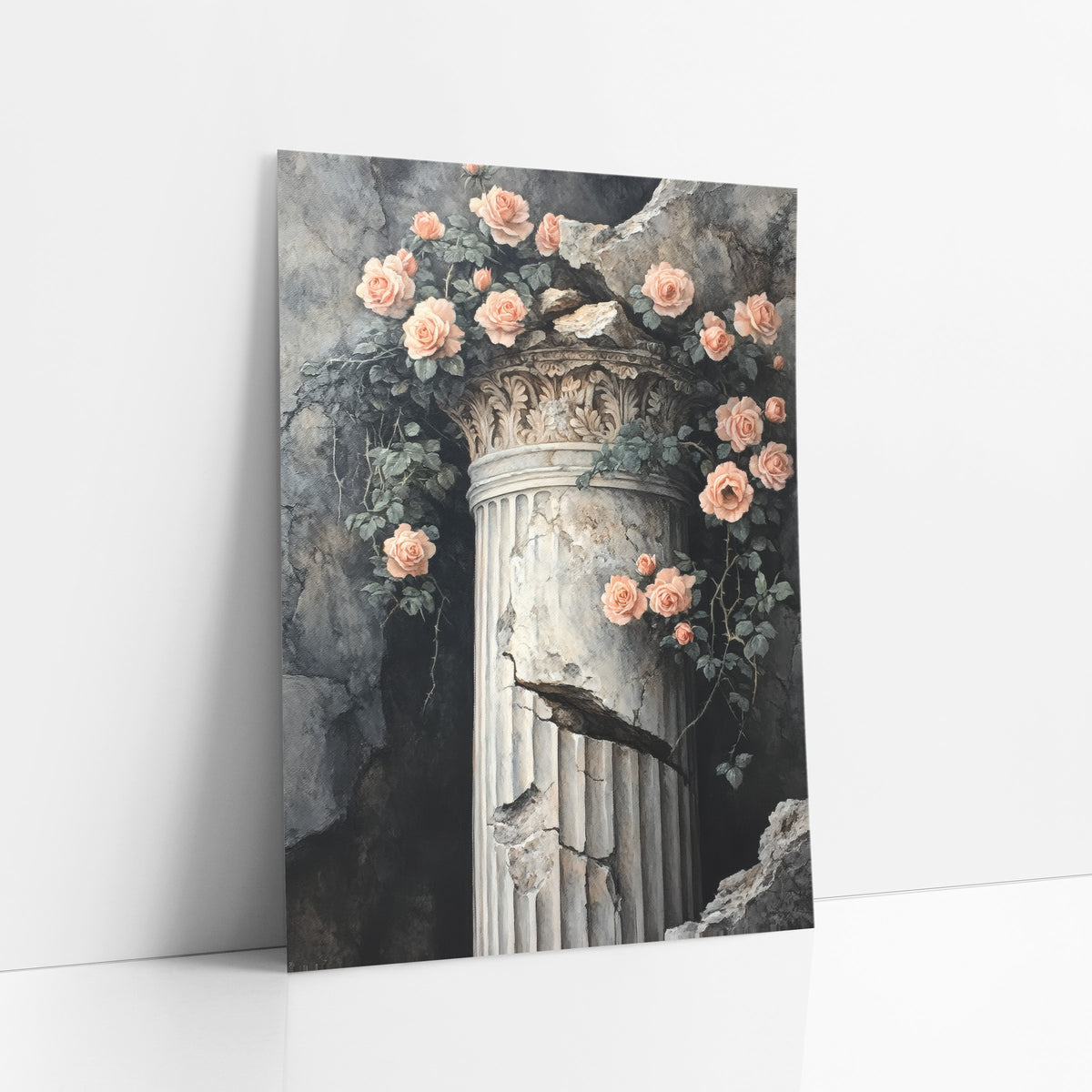 Peach Roses Cracked Column Vintage art print leaning against a white wall – peach roses and green leaves trailing