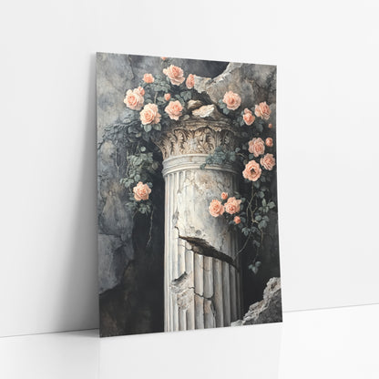 Peach Roses Cracked Column Vintage art print leaning against a white wall – peach roses and green leaves trailing