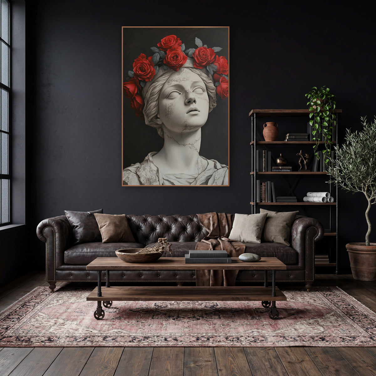 Crimson Roses Cracked Statue Moody wall art in a moody dark academia room – white cracked marble bust with closed eyes
