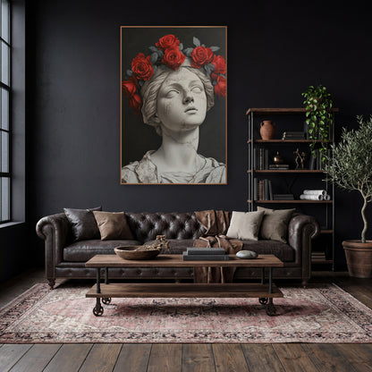 Crimson Roses Cracked Statue Moody wall art in a moody dark academia room – white cracked marble bust with closed eyes