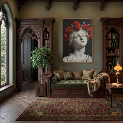 Crimson Roses Cracked Statue Moody wall art in a moody dark academia room – white cracked marble bust with closed eyes