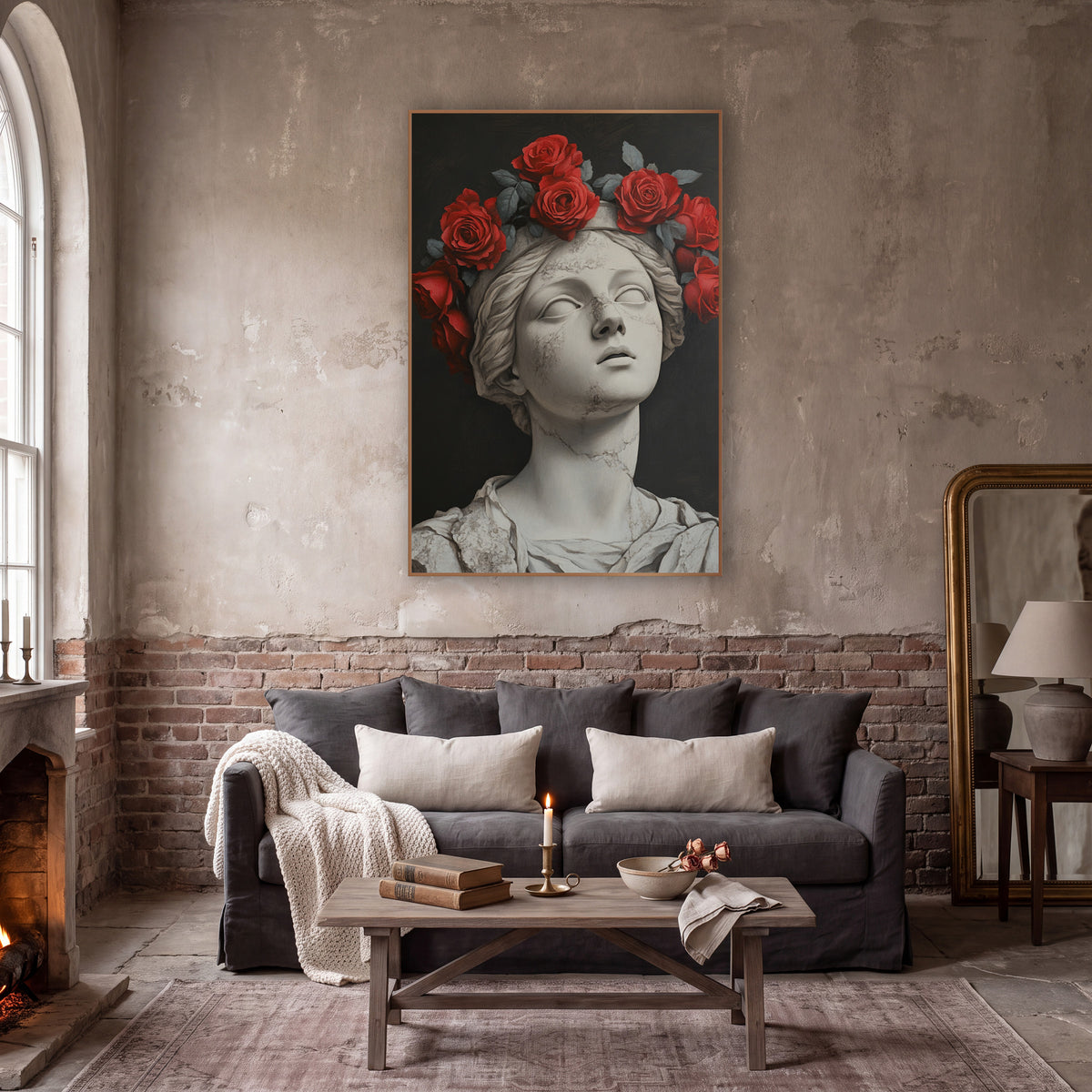 Crimson Roses Cracked Statue Moody wall art in a moody dark academia room – white cracked marble bust with closed eyes