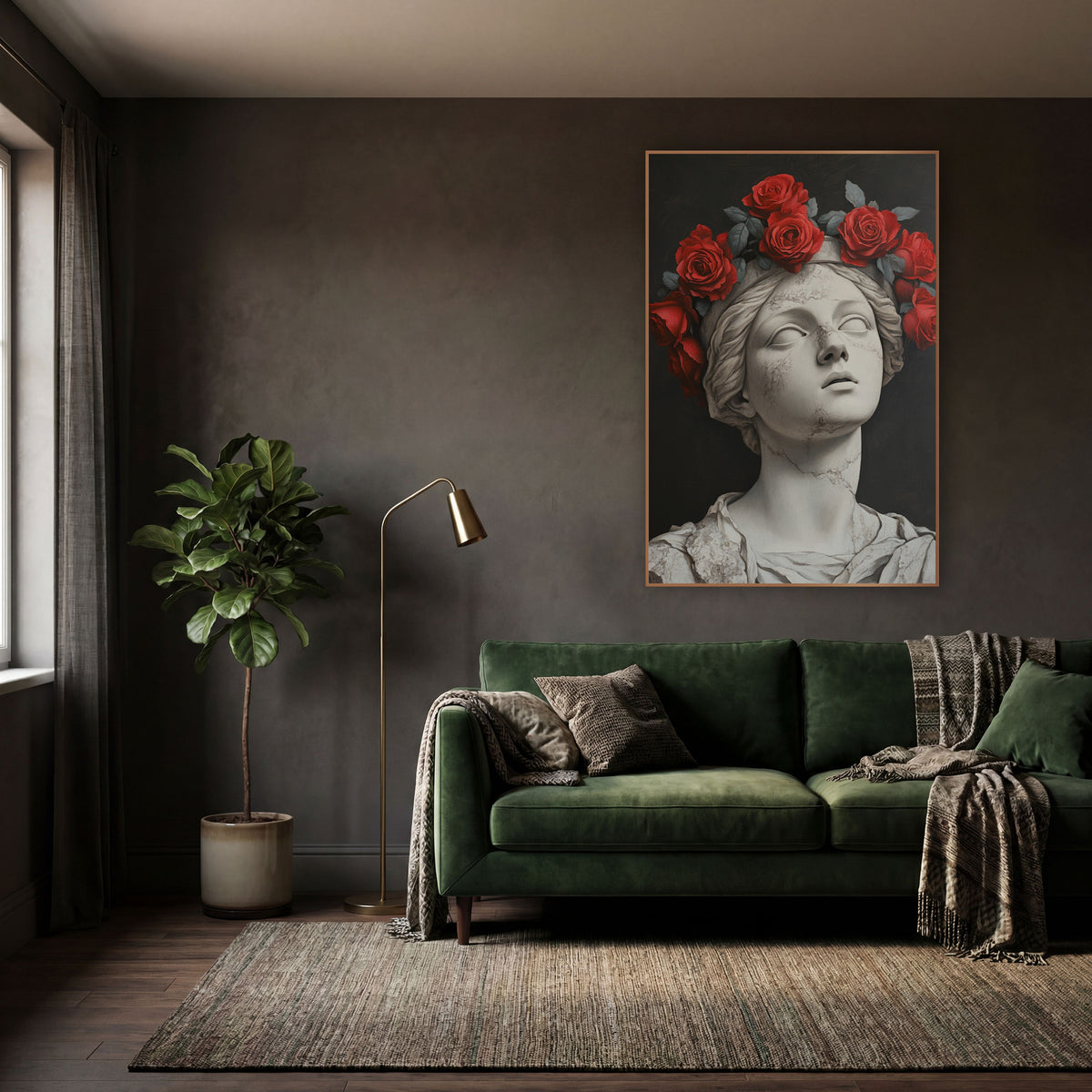 Crimson Roses Cracked Statue Moody wall art in a moody dark academia room – white cracked marble bust with closed eyes