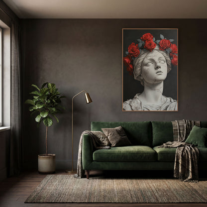 Crimson Roses Cracked Statue Moody wall art in a moody dark academia room – white cracked marble bust with closed eyes