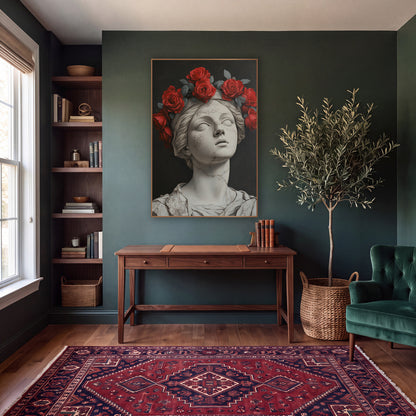 Crimson Roses Cracked Statue Moody wall art in a moody dark academia room – white cracked marble bust with closed eyes