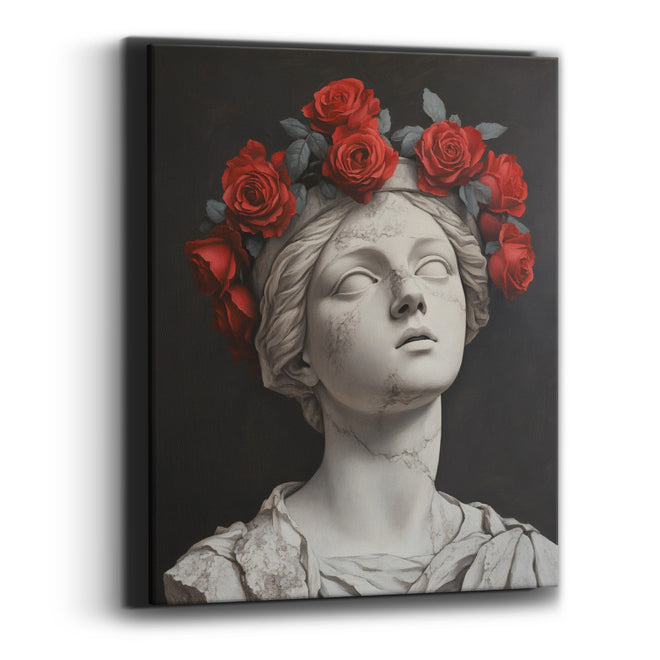 Crimson Roses Cracked Statue Moody Canvas Wall Art
