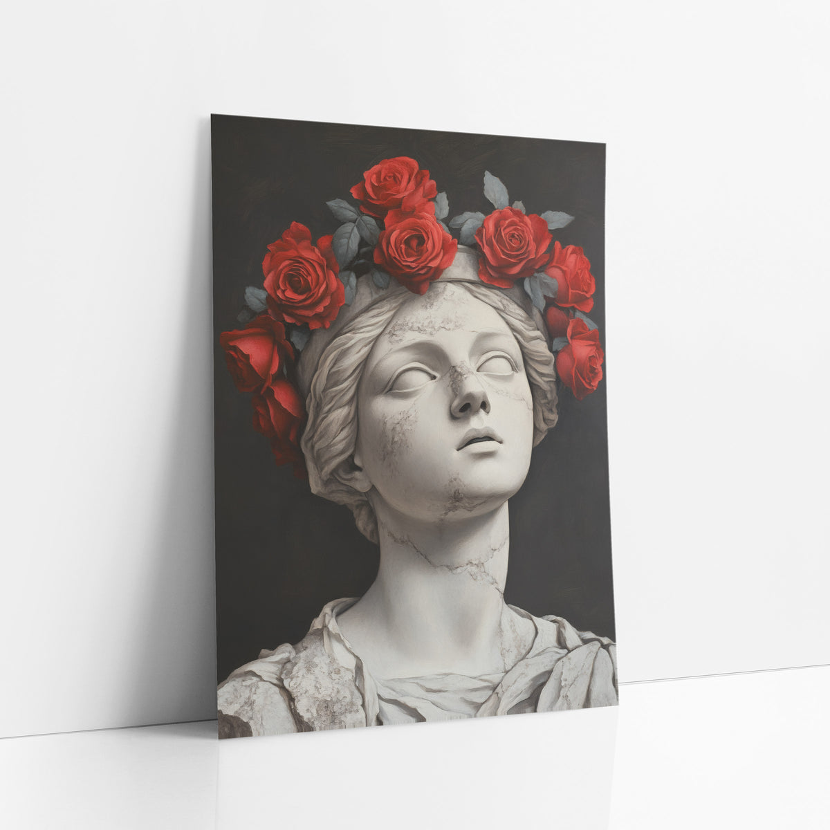Crimson Roses Cracked Statue Moody art print leaning against a white wall – white cracked marble bust with closed eyes