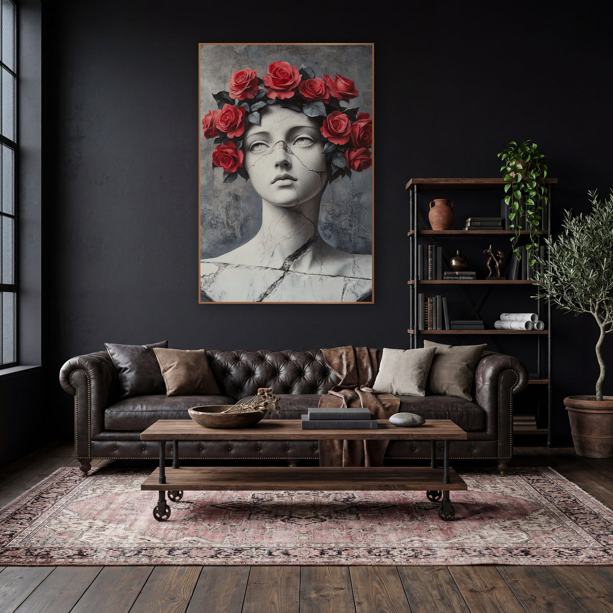 Marble Bust Red Rose Crown Gothic wall art in a moody dark academia room – white cracked marble bust of a young woman