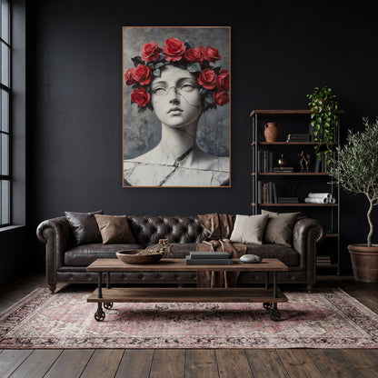 Marble Bust Red Rose Crown Gothic wall art in a moody dark academia room – white cracked marble bust of a young woman