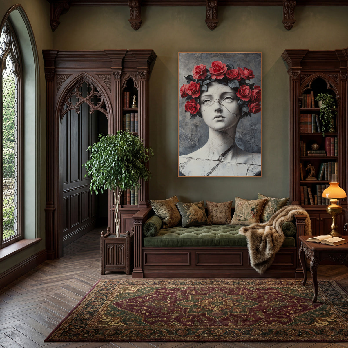 Marble Bust Red Rose Crown Gothic wall art in a moody dark academia room – white cracked marble bust of a young woman