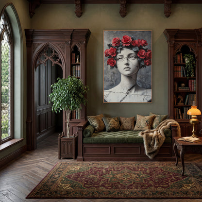 Marble Bust Red Rose Crown Gothic wall art in a moody dark academia room – white cracked marble bust of a young woman
