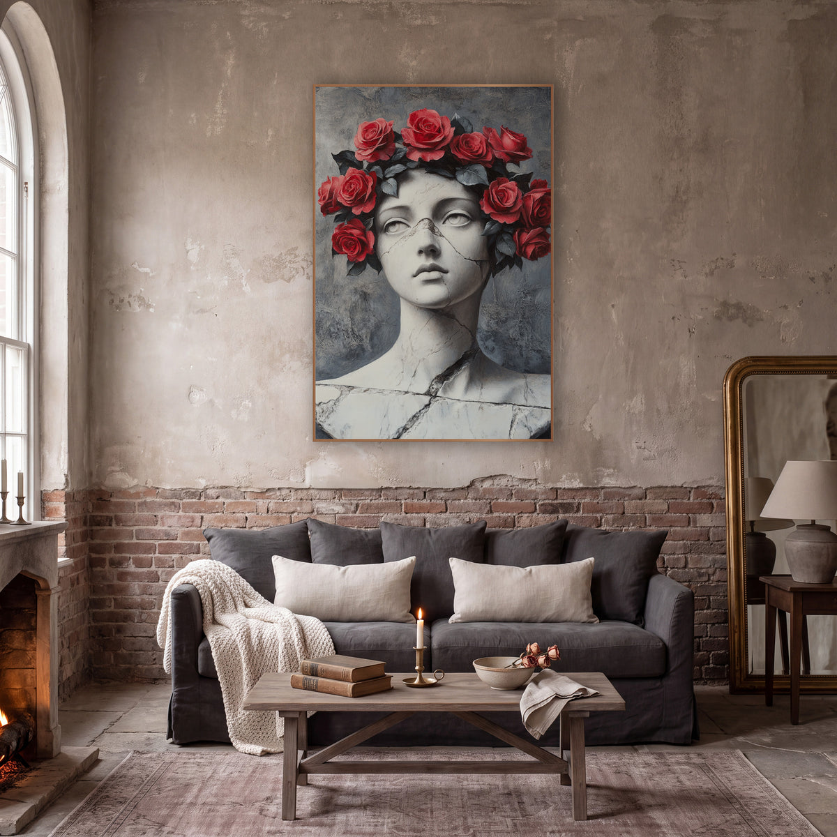 Marble Bust Red Rose Crown Gothic wall art in a moody dark academia room – white cracked marble bust of a young woman