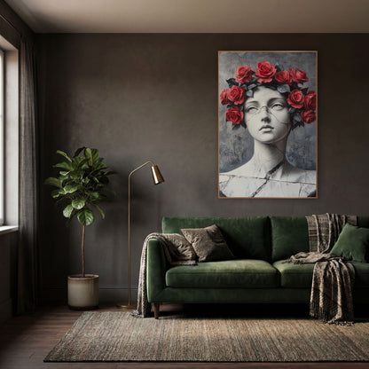Marble Bust Red Rose Crown Gothic wall art in a moody dark academia room – white cracked marble bust of a young woman