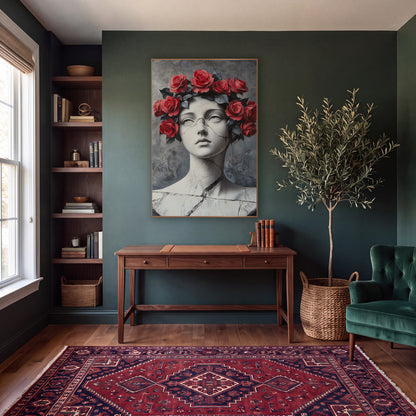 Marble Bust Red Rose Crown Gothic wall art in a moody dark academia room – white cracked marble bust of a young woman