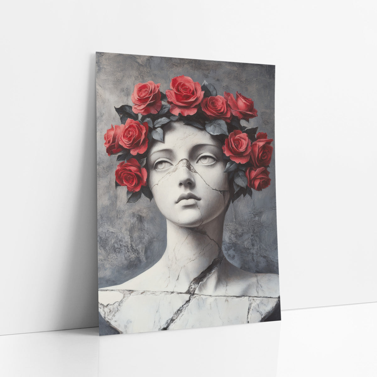 Marble Bust Red Rose Crown Gothic art print leaning against a white wall – white cracked marble bust of a young woman wearing