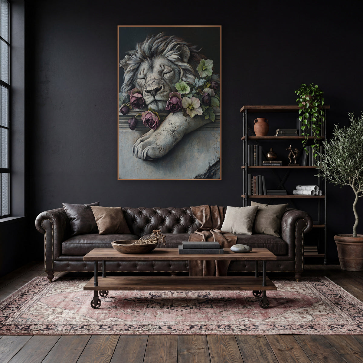 Sleeping Stone Lion Floral Gothic wall art in a moody dark academia room – sleeping gray lion resting on a stone ledge