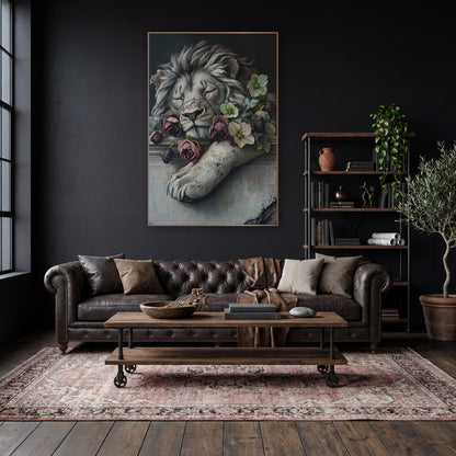Sleeping Stone Lion Floral Gothic wall art in a moody dark academia room – sleeping gray lion resting on a stone ledge