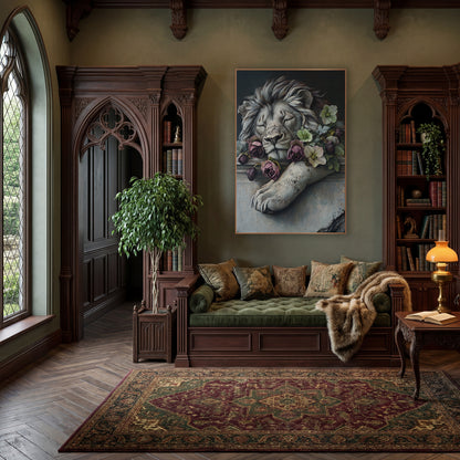 Sleeping Stone Lion Floral Gothic wall art in a moody dark academia room – sleeping gray lion resting on a stone ledge