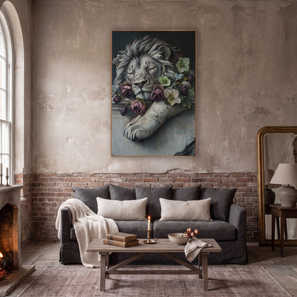 Sleeping Stone Lion Floral Gothic wall art in a moody dark academia room – sleeping gray lion resting on a stone ledge