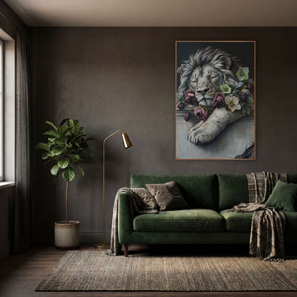 Sleeping Stone Lion Floral Gothic wall art in a moody dark academia room – sleeping gray lion resting on a stone ledge