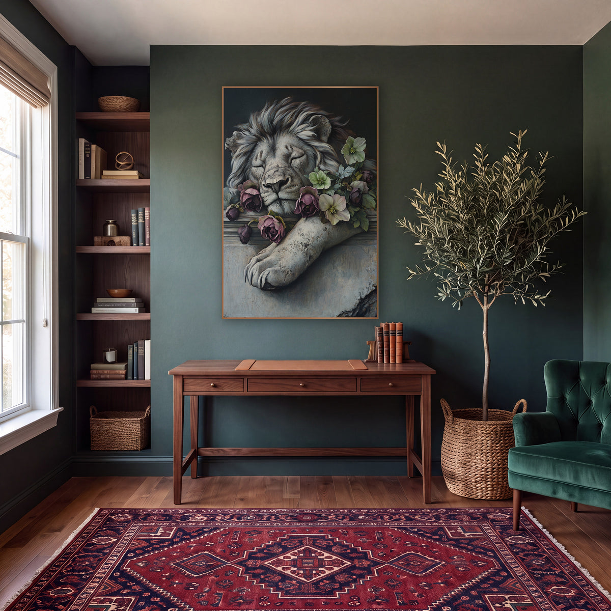 Sleeping Stone Lion Floral Gothic wall art in a moody dark academia room – sleeping gray lion resting on a stone ledge