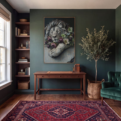 Sleeping Stone Lion Floral Gothic wall art in a moody dark academia room – sleeping gray lion resting on a stone ledge
