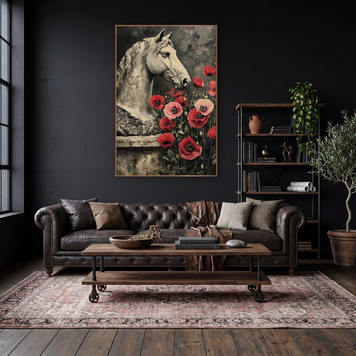 Stone Horse Head Red Poppies Dark Academia wall art in a moody dark academia room – pale stone horse head in profile