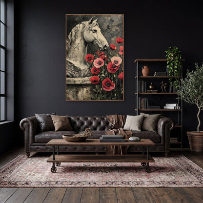 Stone Horse Head Red Poppies Dark Academia wall art in a moody dark academia room – pale stone horse head in profile